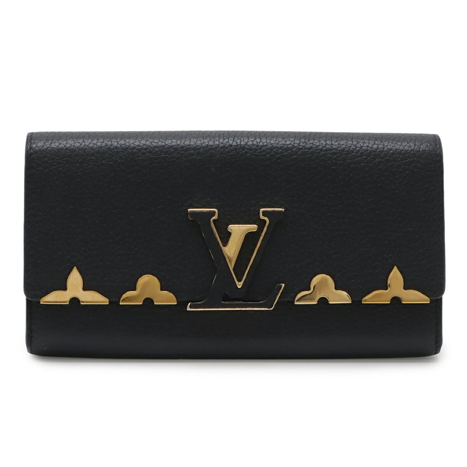 Louis Vuitton Long Wallet (Bi-Fold) Leather: Louis Vuitton Long Wallet (Bi-Fold) Leather Black Louis Vuitton long wallet with bi-fold design, featuring high-quality leather construction and classic style. The wallet has visible traces of usage, 