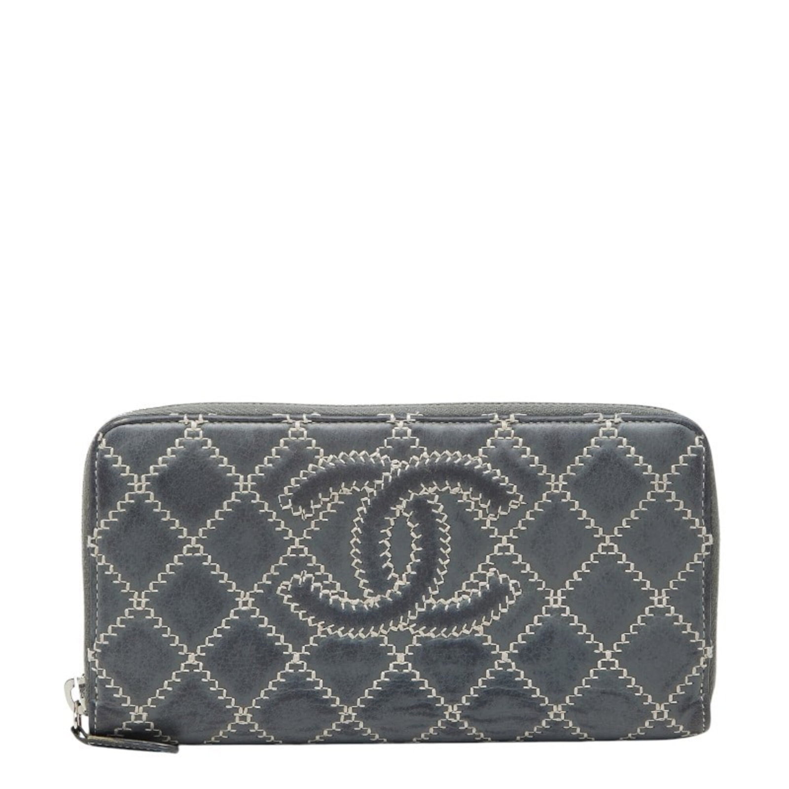 Chanel Long Wallet (Bi-Fold) Leather: Chanel Long Wallet (Bi-Fold) Leather This classic Chanel long wallet features a timeless design with a gray lambskin exterior and a sturdy zipper closure. Measuring 10.5cm x 19.5cm x 2cm, it offers