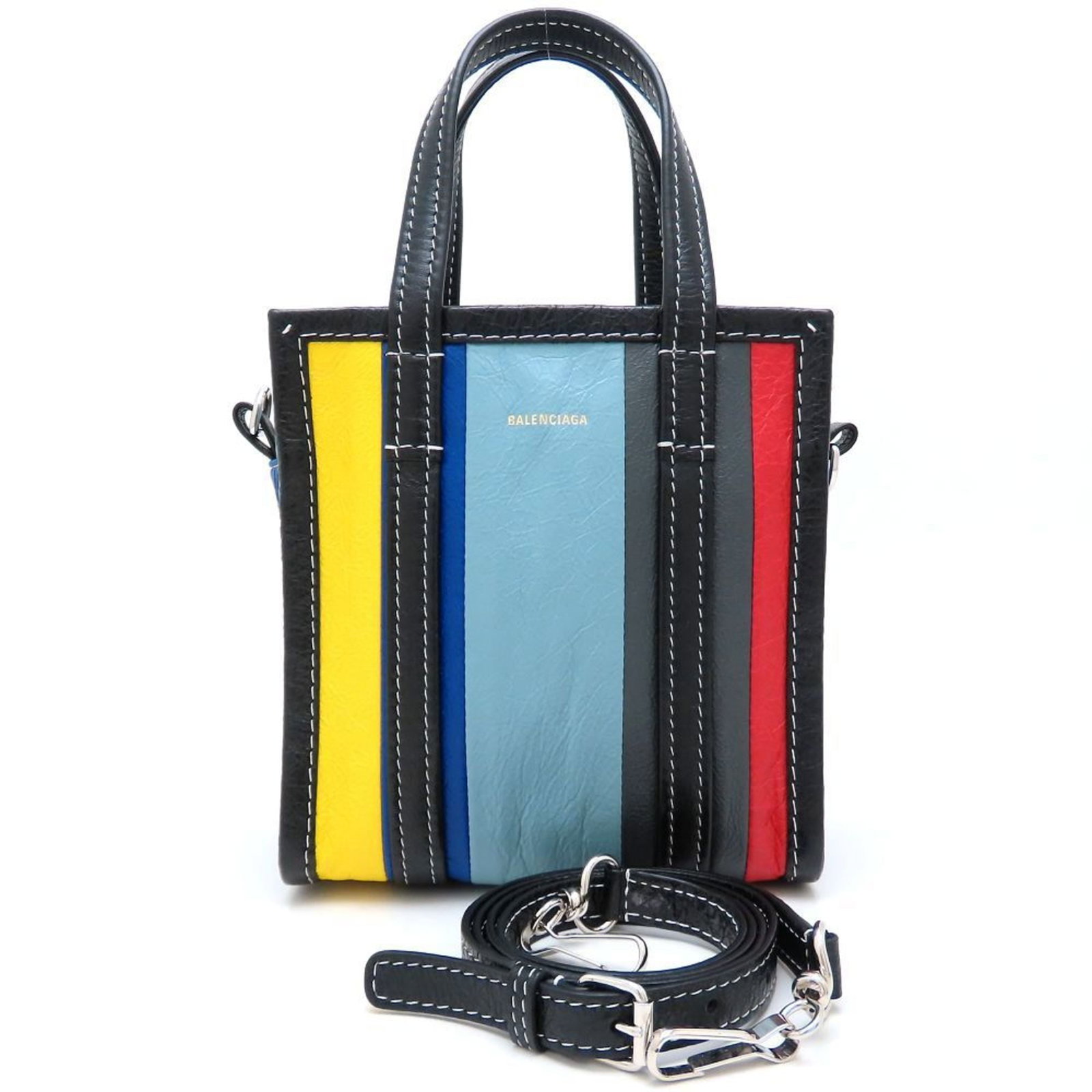 Balenciaga Handbag Leather: Balenciaga Handbag Leather Balenciaga handbag leather with multi-color design and zipper closure. This used bag features a durable leather material and adjustable strap length of 108cm - 118cm. In ver