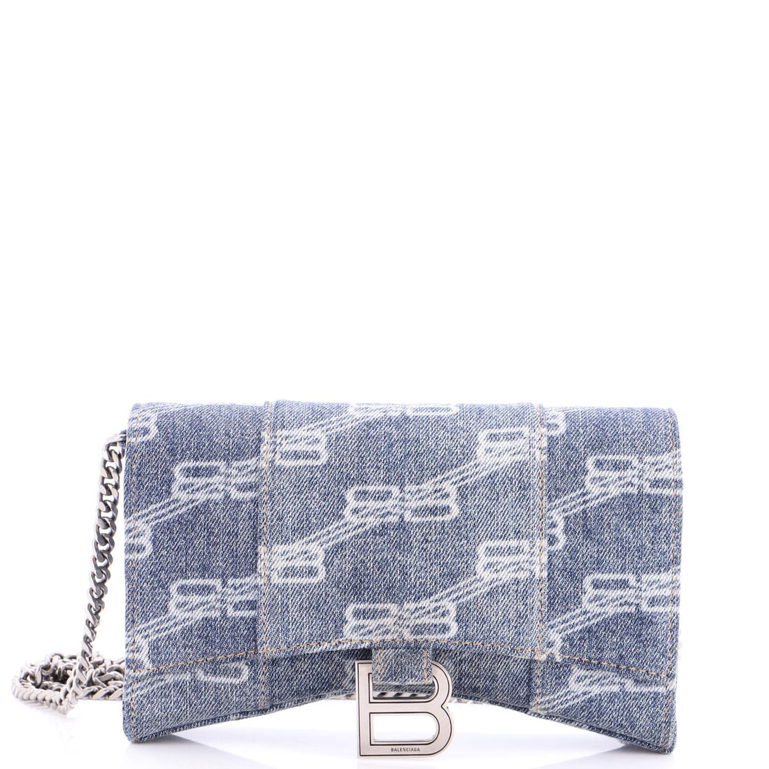 Strict rules apply to monogram denim hourglass chain wallet: Strict rules apply to monogram denim hourglass chain wallet Blue denim hourglass chain wallet with Balenciaga BB monogram features a unique cross body design. Measuring 4.5" in height and 7.5" in