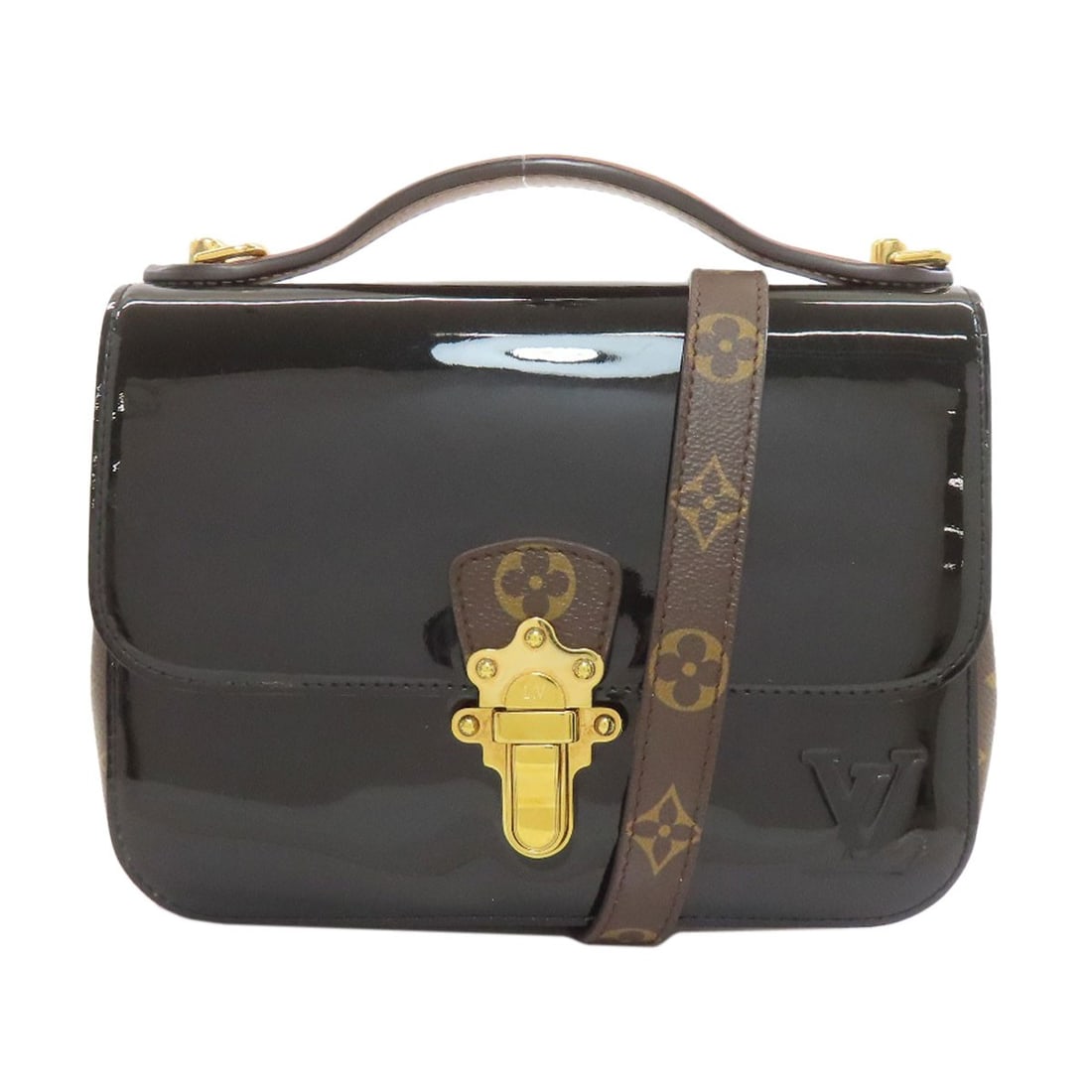 Wood Handbag Leather Patent Cherry Louis Vuitton: Wood Handbag Leather Patent Cherry Louis Vuitton Patent leather exterior in black, this Louis Vuitton handbag features a distinctive and eye-catching design. The item boasts a classic style with a