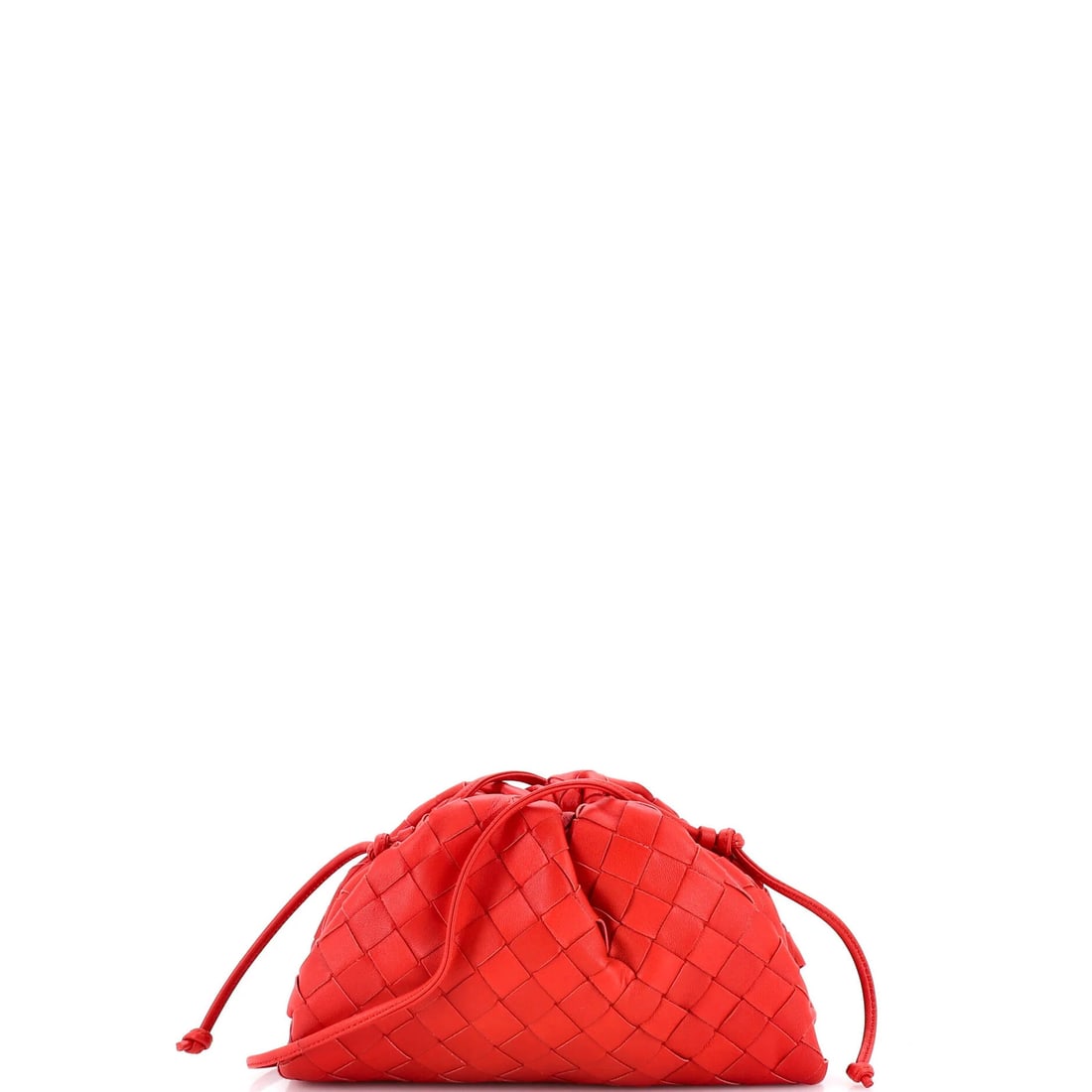 Veneta Pouch Intrecciato Nappa Mini: Veneta Pouch Intrecciato Nappa Mini The Veneta Pouch Intrecciato Nappa Mini features a striking red exterior with intricate leather intrecciato details. This compact cross-body bag measures 5" in