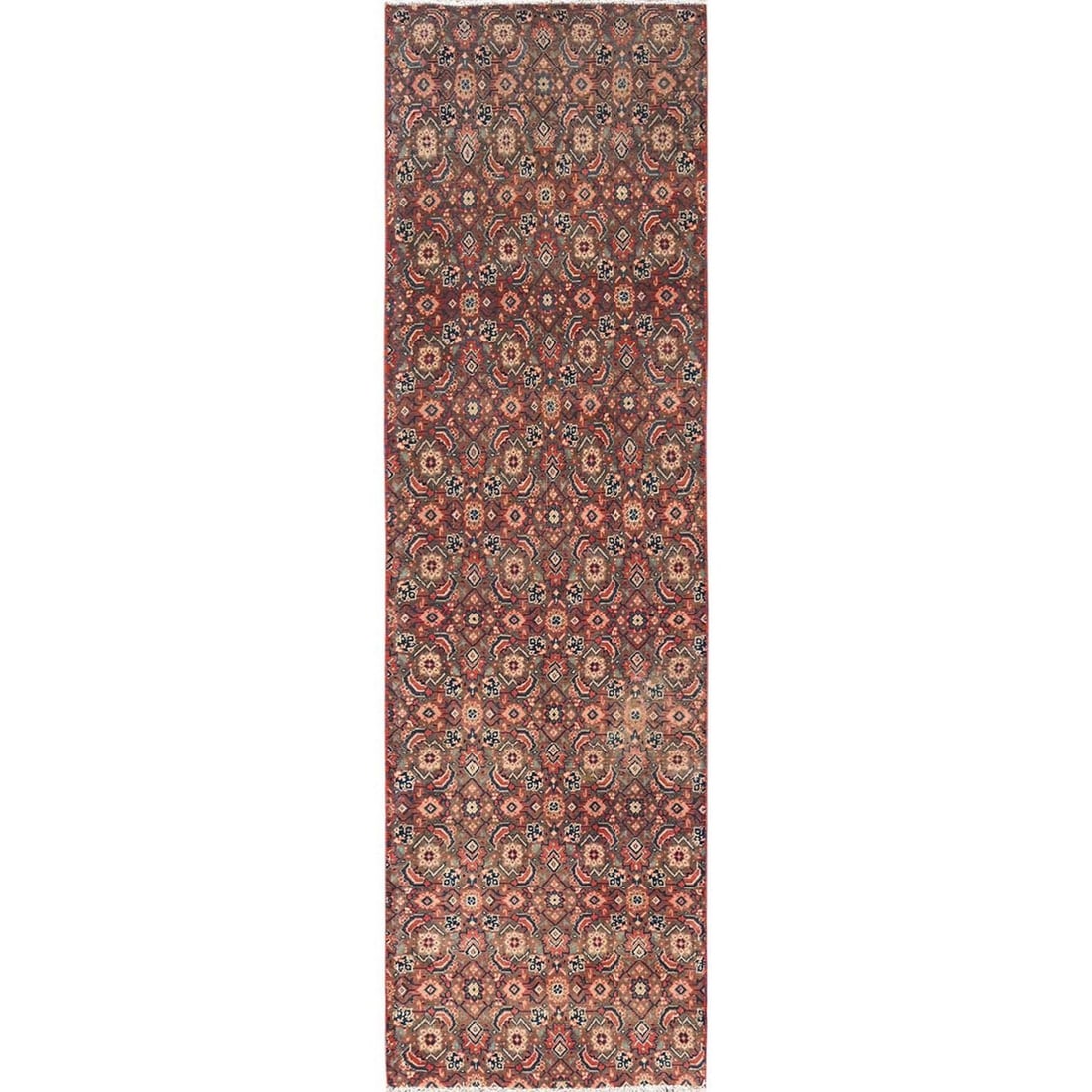 Brown Vintage Almond Hand Knotted Tebraz Zoroastrian Runner Wool 233x83: Brown Vintage Almond Hand Knotted Tebraz Zoroastrian Runner Wool 233x83 This stunning Brown Vintage Almond Hand Knotted Tebraz Zoroastrian Runner Wool rug boasts an all-over regional design in rich