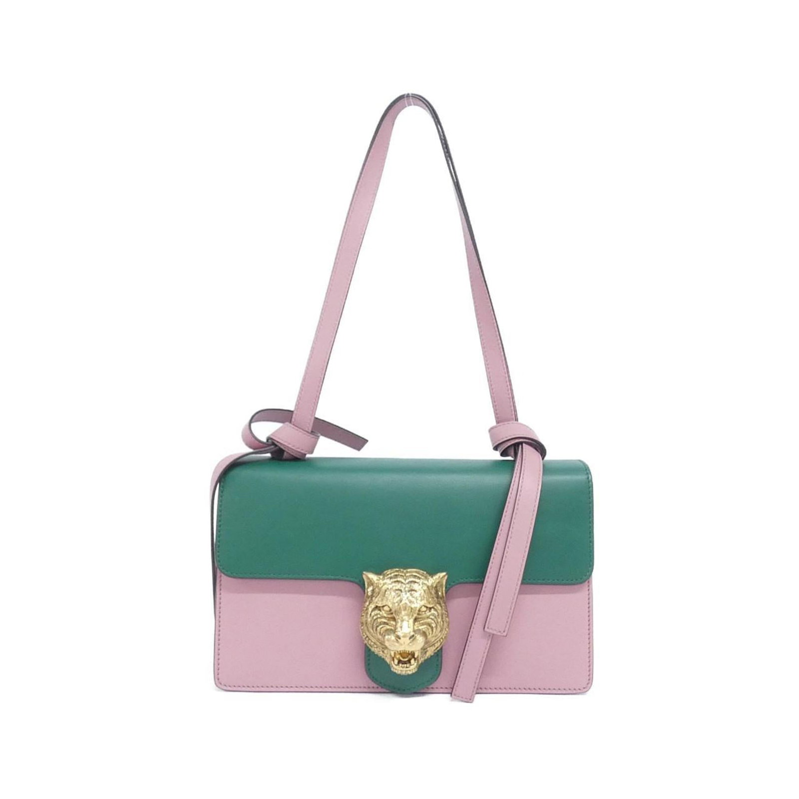 Gucci Shoulder Bag Leather: Gucci Shoulder Bag Leather The Gucci Shoulder Bag Leather features a unique combination of green and pink hues in its classic design. Made from high-quality leather with gold hardware, this shoulder