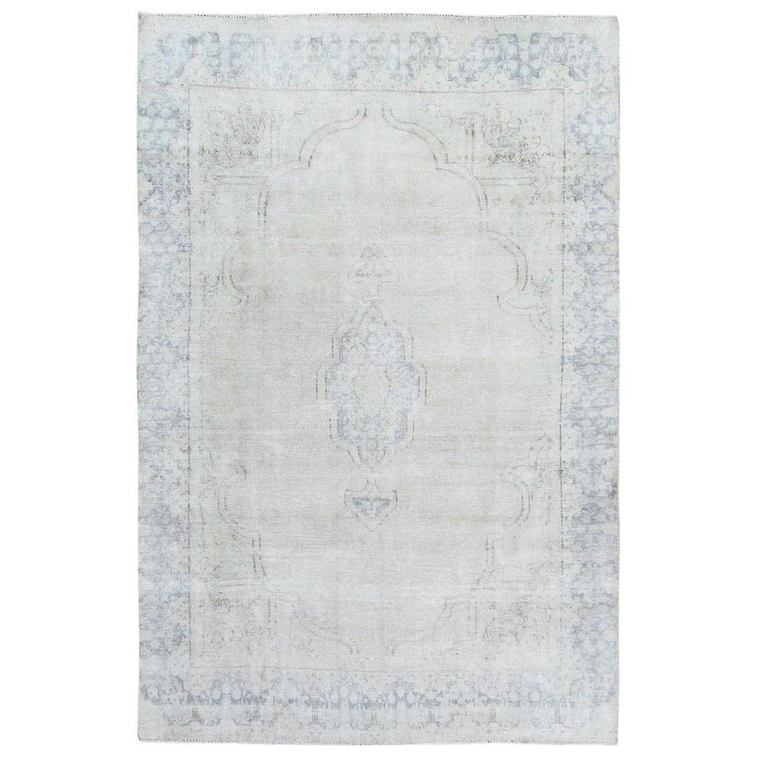 Worn Wool Ivory Hand Knotted Rug Old Farsian Karman Strict (1 of 12)
