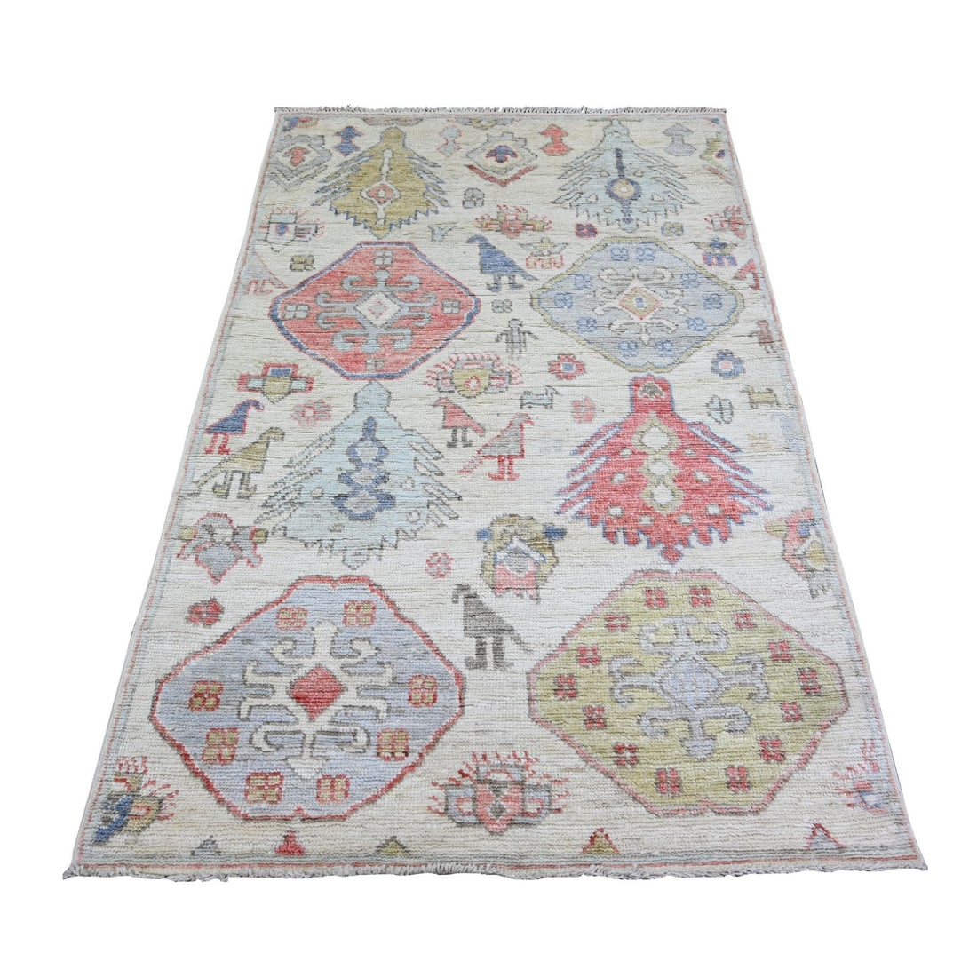 Ivory Wool Hand Knotted Anatolian Village Inspired Rug: Ivory Wool Hand Knotted Anatolian Village Inspired Rug Hand-knotted with exceptional craftsmanship, this Anatolian-inspired wool rug boasts an elegant ivory color and intricate regional design. Its re