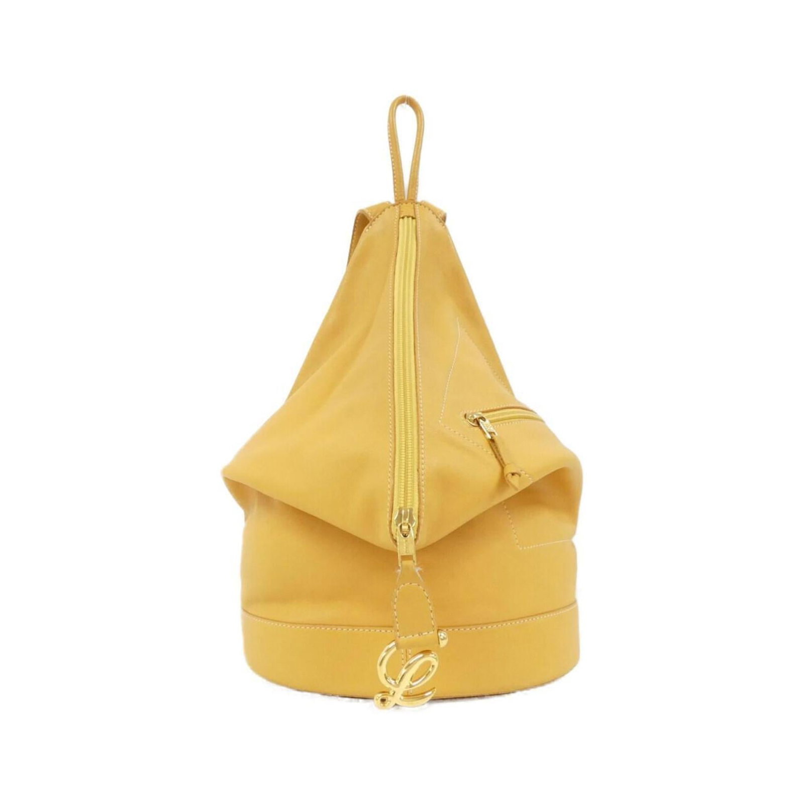 Loewe Backpack Leather: Loewe Backpack Leather The Loewe Backpack Leather is a stylish and durable backpack made from high-quality leather. Its bright yellow color and gold hardware add a touch of elegance to any outfit, whi