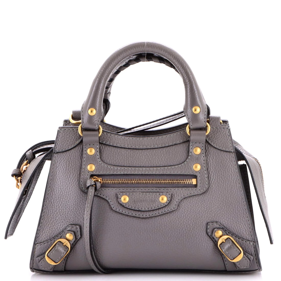 Classic City Bag Leather Mini By Balenciaga: Classic City Bag Leather Mini By Balenciaga The Balenciaga Classic City Bag Leather Mini boasts sleek gray leather exterior with minor scuffs and creases, complemented by aged gold hardware. This comp
