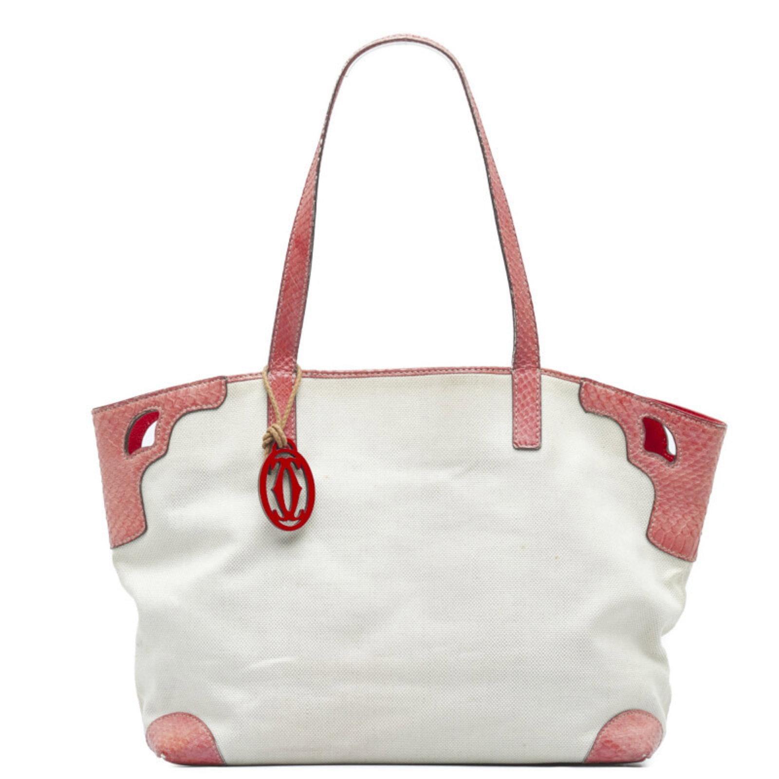 Cartier Shoulder Bag Tote Bag Canvas Leather: Cartier Shoulder Bag Tote Bag Canvas Leather Cartier's iconic shoulder bag tote features high-quality canvas and leather construction in beige and pink hues. With its classic design and timeless