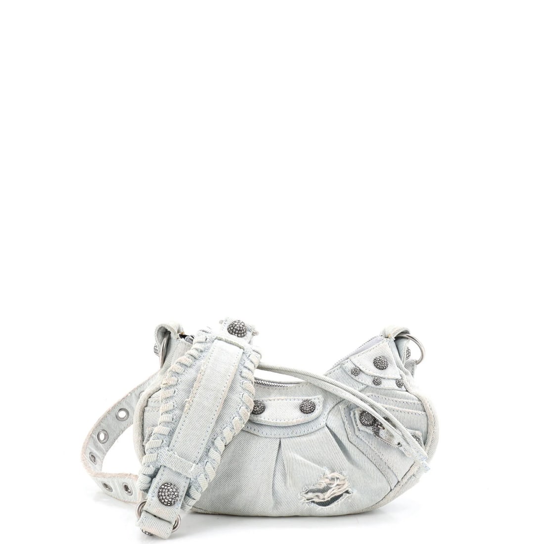 XS Denim Crystal Studded Giant Bag Shoulder Bag: XS Denim Crystal Studded Giant Bag Shoulder Bag Crystal-studded denim adds an edgy touch to this oversized Balenciaga shoulder bag. The blue exterior features giant studs and crystal details, while th