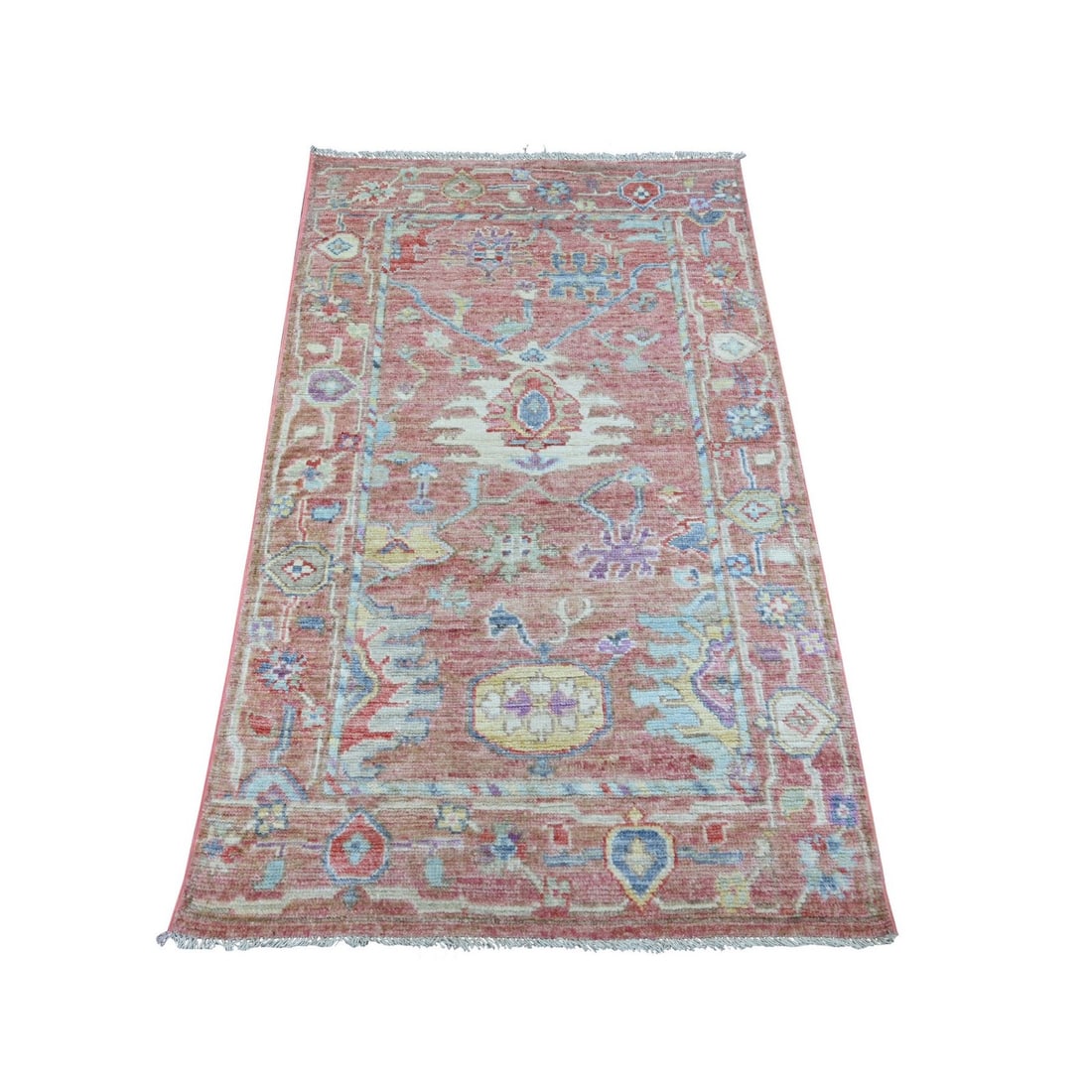 Rose Pink Afghan Hand Knotted Wool Rug With Leaf Design: Rose Pink Afghan Hand Knotted Wool Rug With Leaf Design The Rose Pink Afghan Hand Knotted Wool Rug With Leaf Design boasts an exquisite floral pattern in soft pink hues, set against a rich yellow and