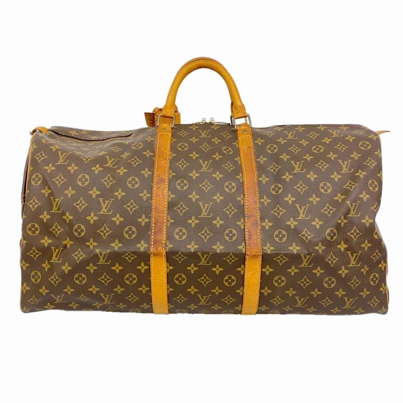 Louis Vuitton Boston Bag: Louis Vuitton Boston Bag The Louis Vuitton Boston Bag boasts its classic design with a timeless brown color. Measuring 33cm x 61cm x 27cm, this spacious bag features a worn exterior with traces of usa
