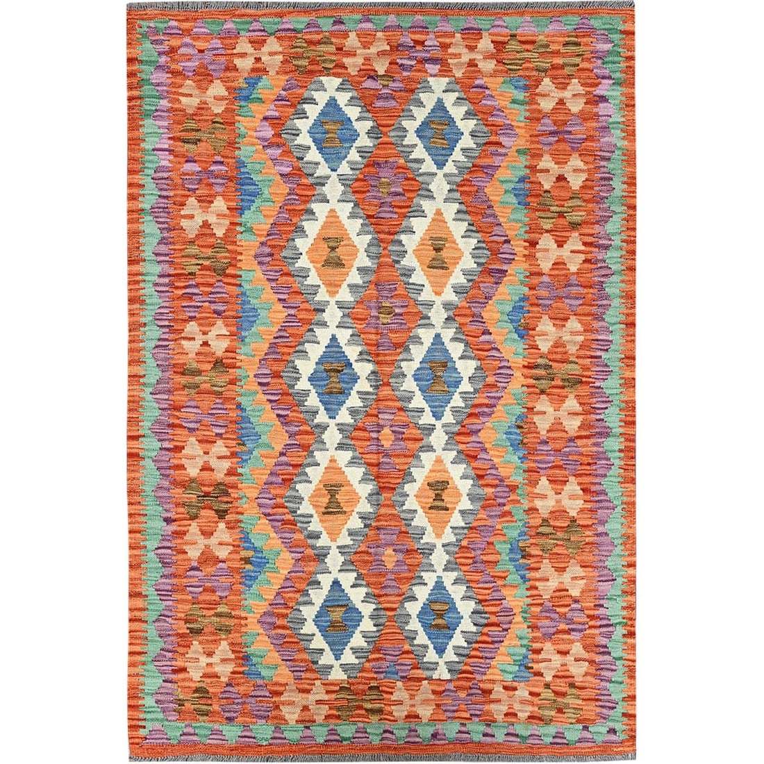 Handwoven Flat Weave Afghan Rug Pure Wool: Handwoven Flat Weave Afghan Rug Pure Wool Handwoven in Afghanistan, this vibrant orange kilim-style afghan rug boasts a stunning geometric pattern and rectangular field design. Made from pure wool,
