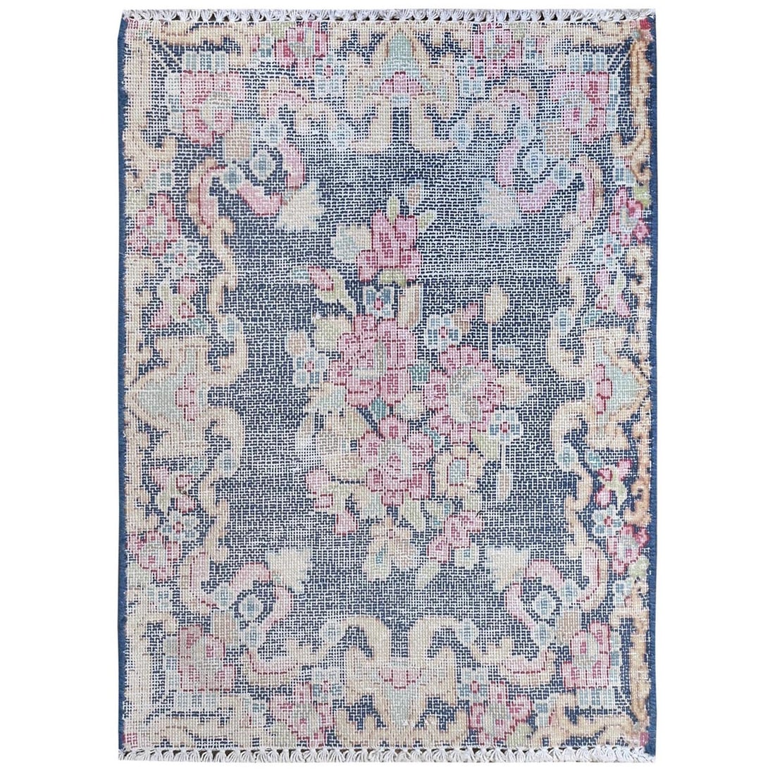 Vintage Blue Worn Wool Hand Knotted Mat Rug Farsian Karman One Six Inch Two Inch: Vintage Blue Worn Wool Hand Knotted Mat Rug Farsian Karman One Six Inch Two Inch This vintage blue Farsian-style wool hand-knotted mat rug boasts a unique worn look and rectangular field shape. Made