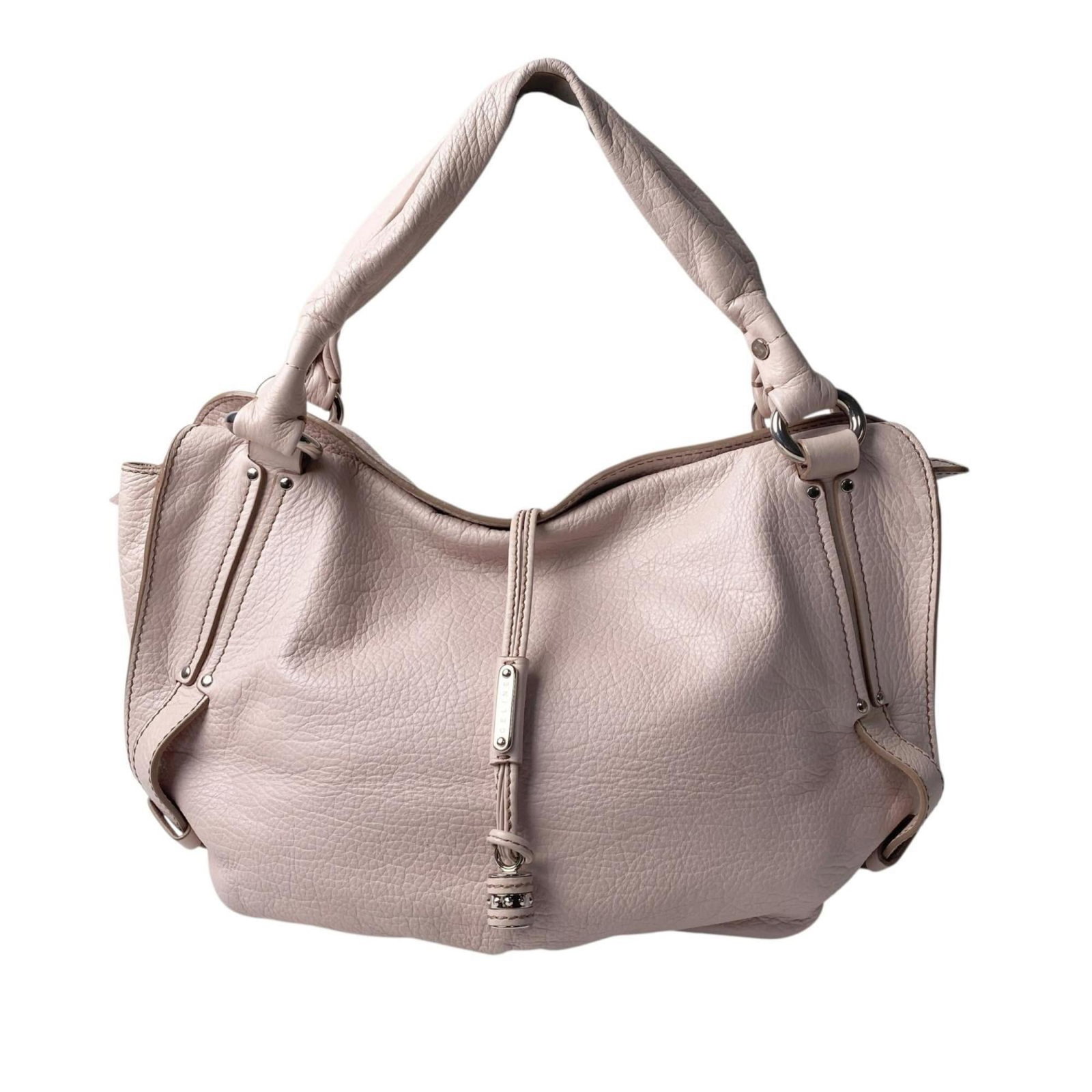 Celine Handbag Leather: Celine Handbag Leather Light pink Celine handbag made from high-quality leather features a classic design with subtle scratches and dirt, giving it a worn-in look. The bag measures 27.5cm x 38cm x