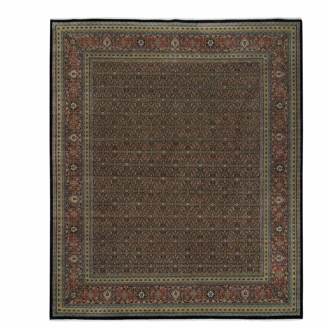 Black Herrita Design 250 KPSI Wool Hand Knotted Oversized Rug 12 x 15 feet: Black Herrita Design 250 KPSI Wool Hand Knotted Oversized Rug 12 x 15 feet Black Herrita Design hand-knotted wool rug boasts an impressive 250 KPSI density, showcasing exceptional craftsmanship in its