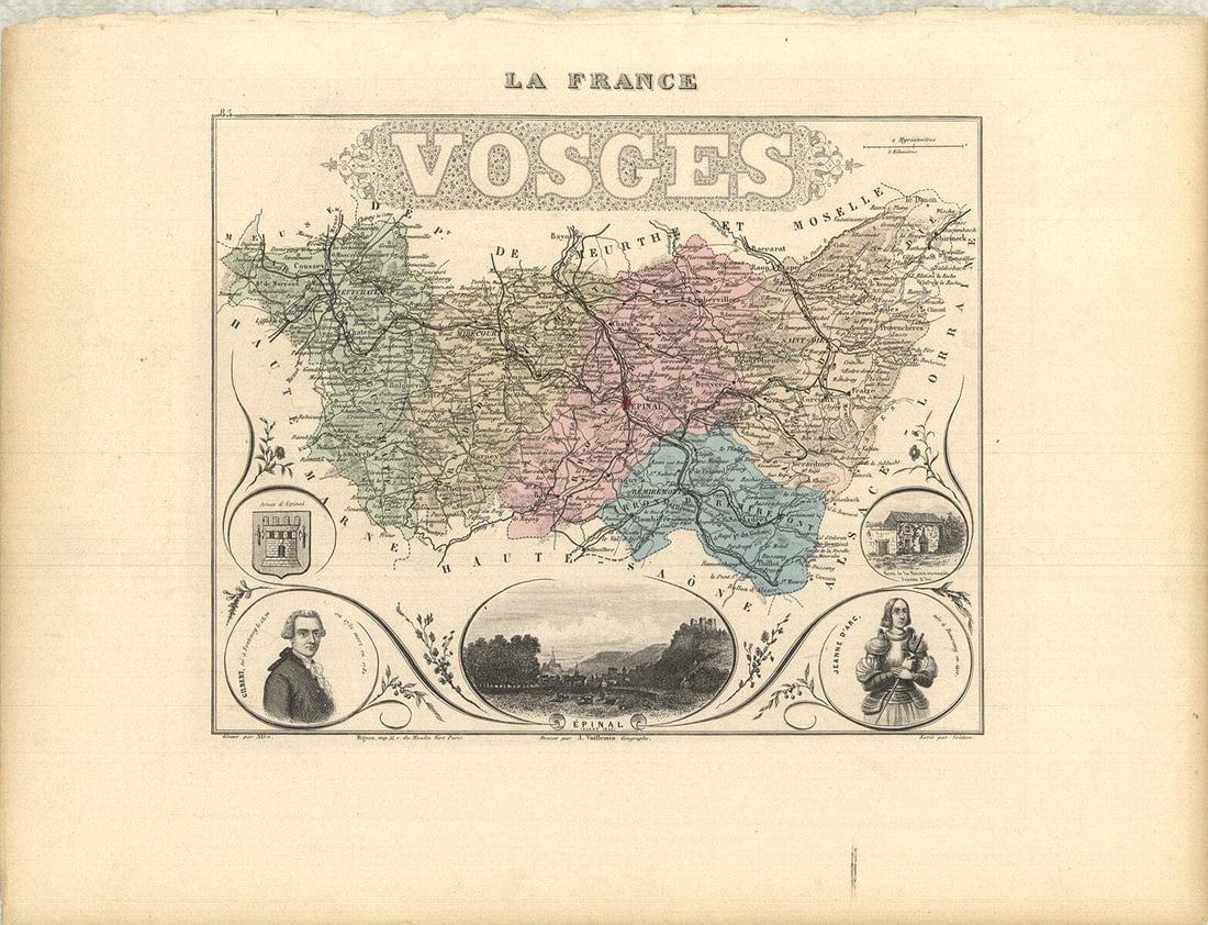 VUILLEMIN Vosges Lithograph 10.5" x 13.75".: VUILLEMIN Vosges Lithograph 10.5" x 13.75". A. Vuillemin's lithograph "Vosges" from 1869 showcases the artist's skill in capturing intricate details through this 10.5 x 13.75 inch print. The work bear