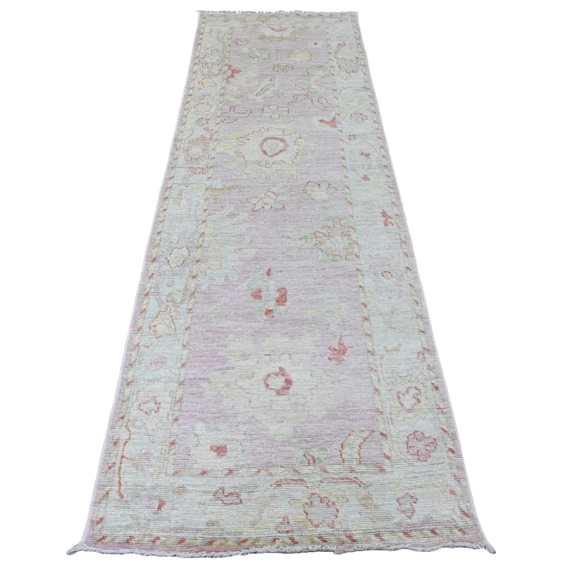 Pink Anatolian Village Leaf Design Wool Hand Knot Run Rug: Pink Anatolian Village Leaf Design Wool Hand Knot Run Rug The Pink Anatolian Village Leaf Design Wool Hand Knot Run Rug boasts a vibrant pink field with intricate floral patterns, showcasing the tradi