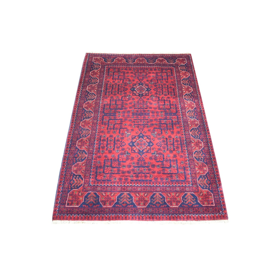 Deep Red Afghan Khamyab Shiny Wool Hand Kotted Rug: Deep Red Afghan Khamyab Shiny Wool Hand Kotted Rug Deeply rooted in Afghan tradition, this stunning hand-knotted rug boasts an intricate oriental design and rich red field color. Crafted from high-qua