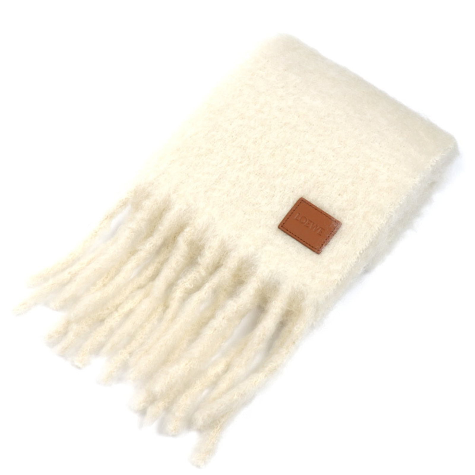 Loewe Stole Mohair Wool Nylon: Loewe Stole Mohair Wool Nylon This stunning Loewe stole boasts an impressive blend of mohair, wool, and nylon materials, showcasing exceptional craftsmanship. With its striking white color and generou