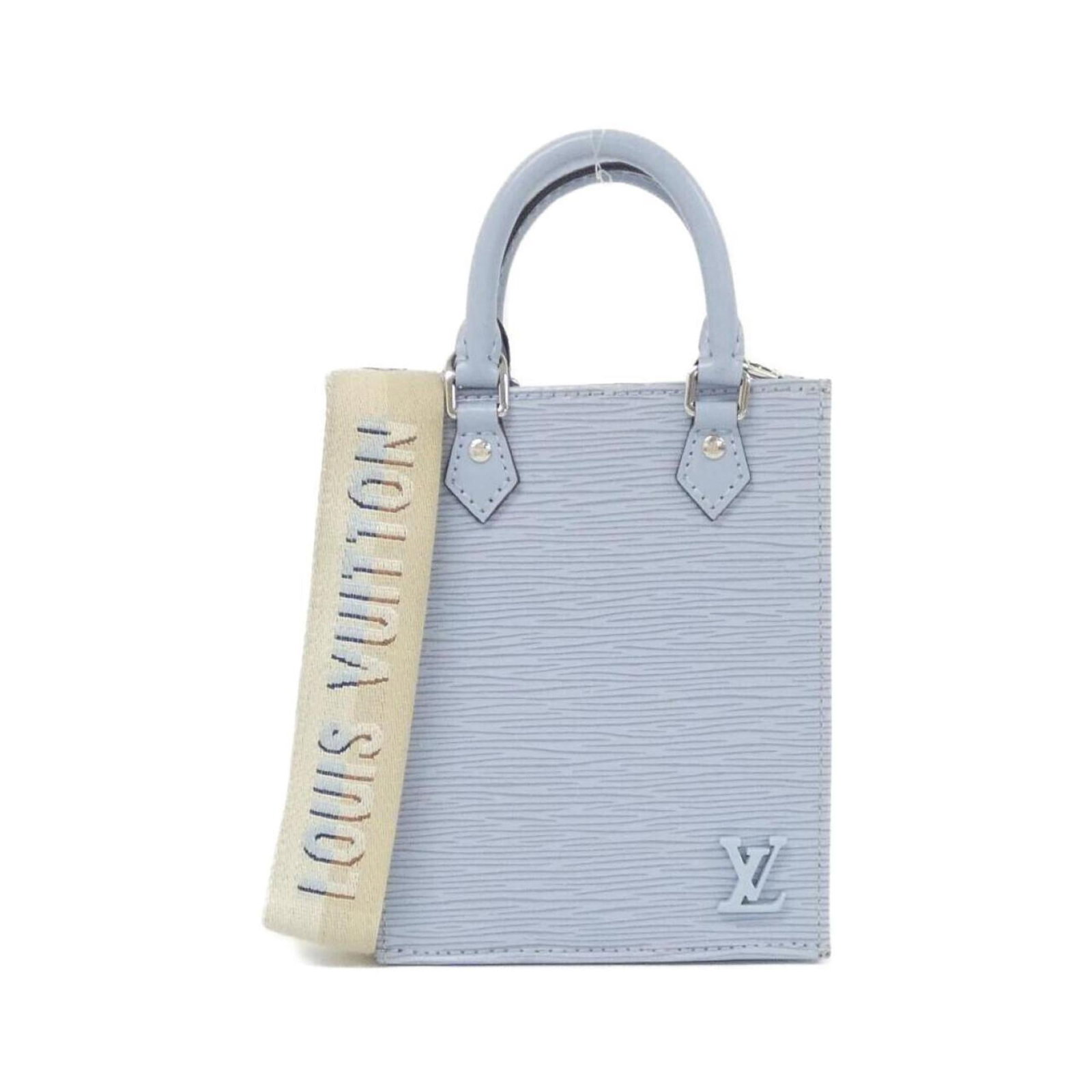 Louis Vuitton Handbag Leather: Louis Vuitton Handbag Leather Light blue calf leather Louis Vuitton handbag with silver hardware. This used handbag has traces of usage and shows some damages/dirt, yet remains in acceptable condition