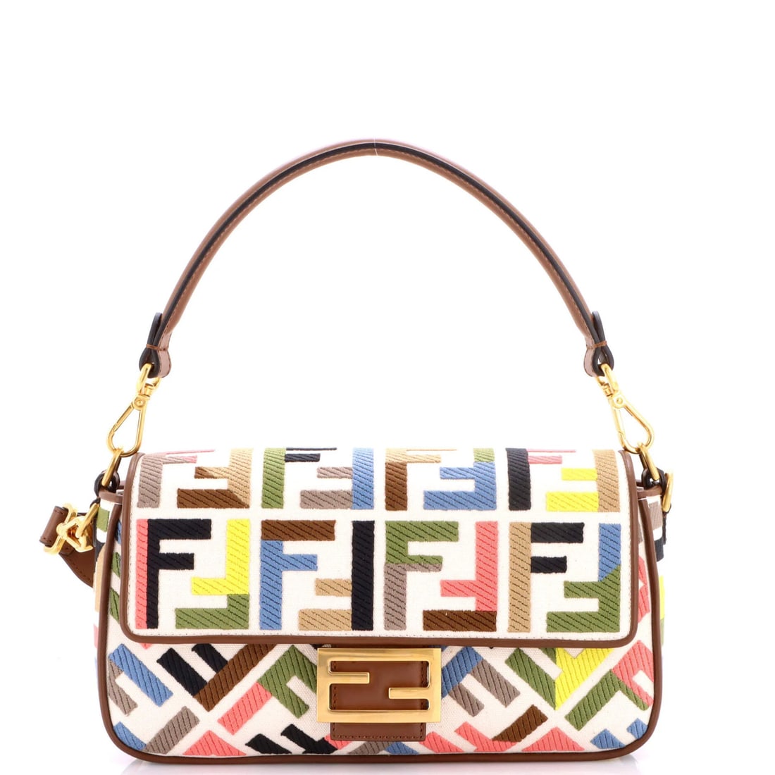 Baguette NM Canvas Fendi Bag Medium Zucca Embroidered: Baguette NM Canvas Fendi Bag Medium Zucca Embroidered The Baguette NM Canvas Fendi Bag Medium Zucca Embroidered features a striking multicolor exterior with intricate embroidery, set against a neutral