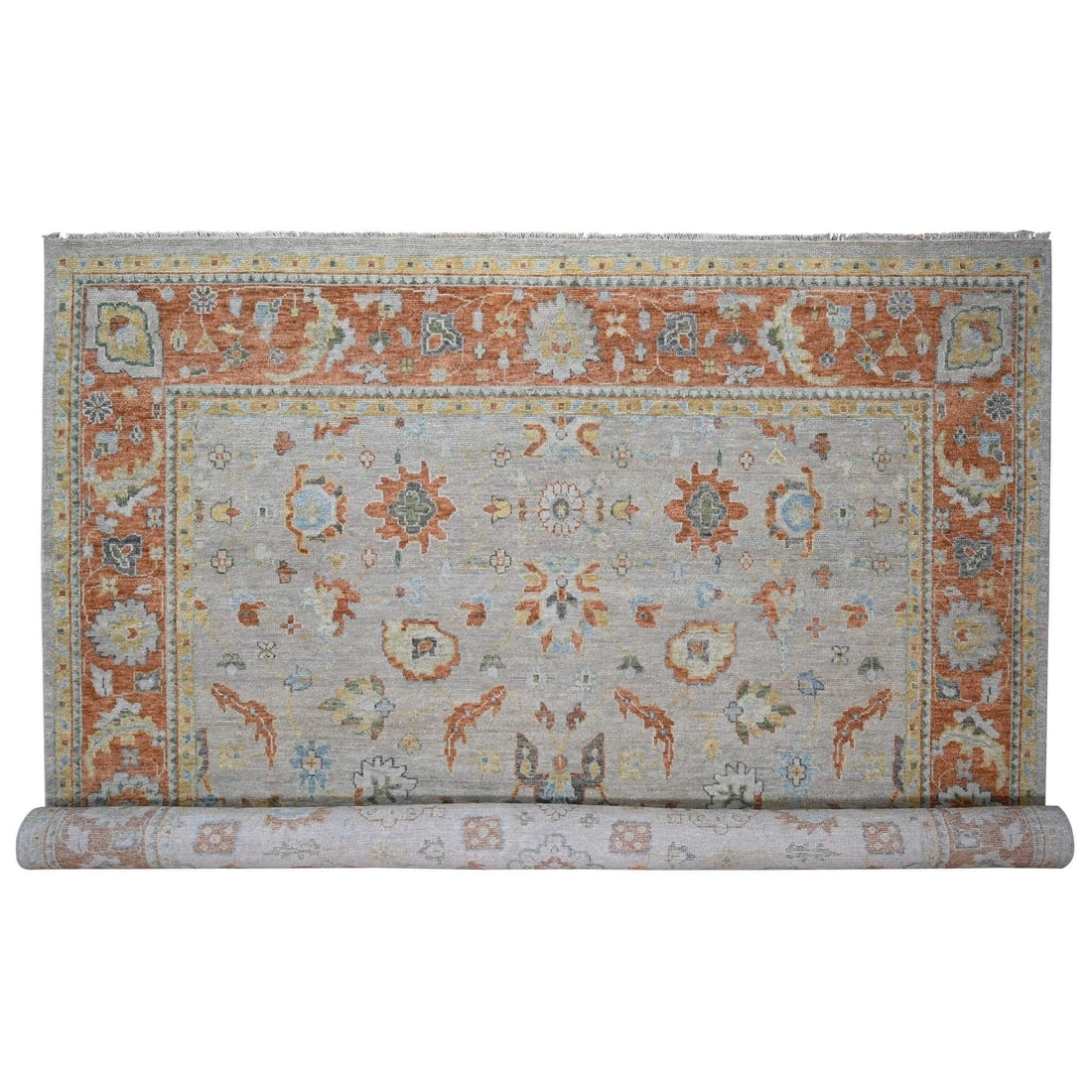 Oversized Hand Knotted Wool Rug 14 x 18 Feet Light Gray Oushak Design: Oversized Hand Knotted Wool Rug 14 x 18 Feet Light Gray Oushak Design Oversized Hand Knotted Wool Rug in Light Gray Oushak Design. This stunning 14 x 18 feet rug boasts an intricate Oriental regional 