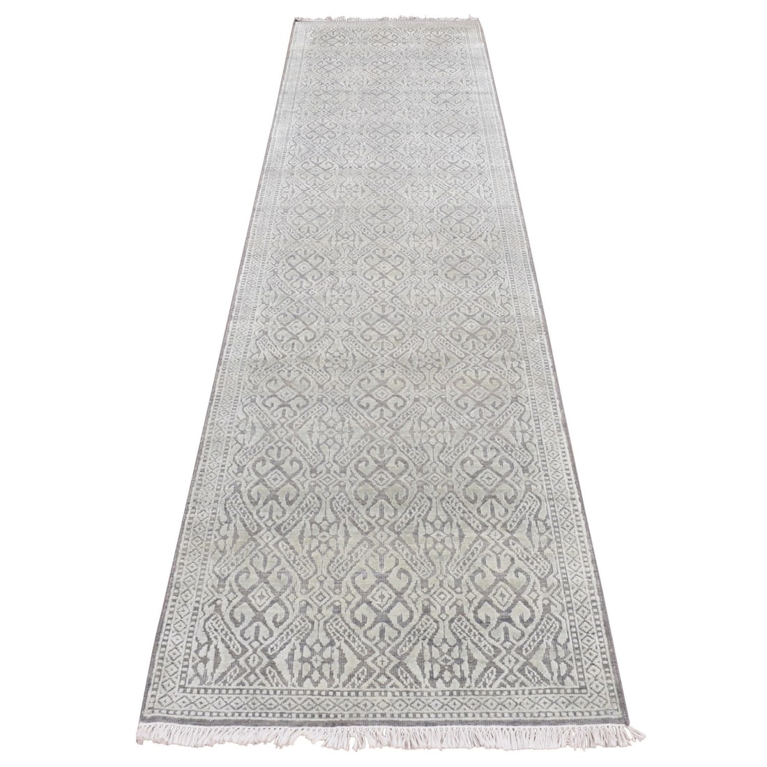 Green Hand Knotted Silk Abarasque Design Wool Runner Rug 27x104: Green Hand Knotted Silk Abarasque Design Wool Runner Rug 27x104 Hand-knotted in luxurious silk and wool, this stunning Abarasque design rug boasts an intricate green field with subtle gray accents. Me