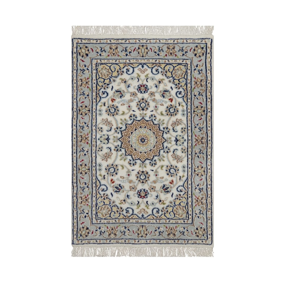 Ivory Wool Silk Hand Knotted Nain with Flower Design Mat Rug: Ivory Wool Silk Hand Knotted Nain with Flower Design Mat Rug Richly textured and intricately designed, this hand-knotted Nain rug boasts an elegant ivory color with subtle floral patterns. Crafted