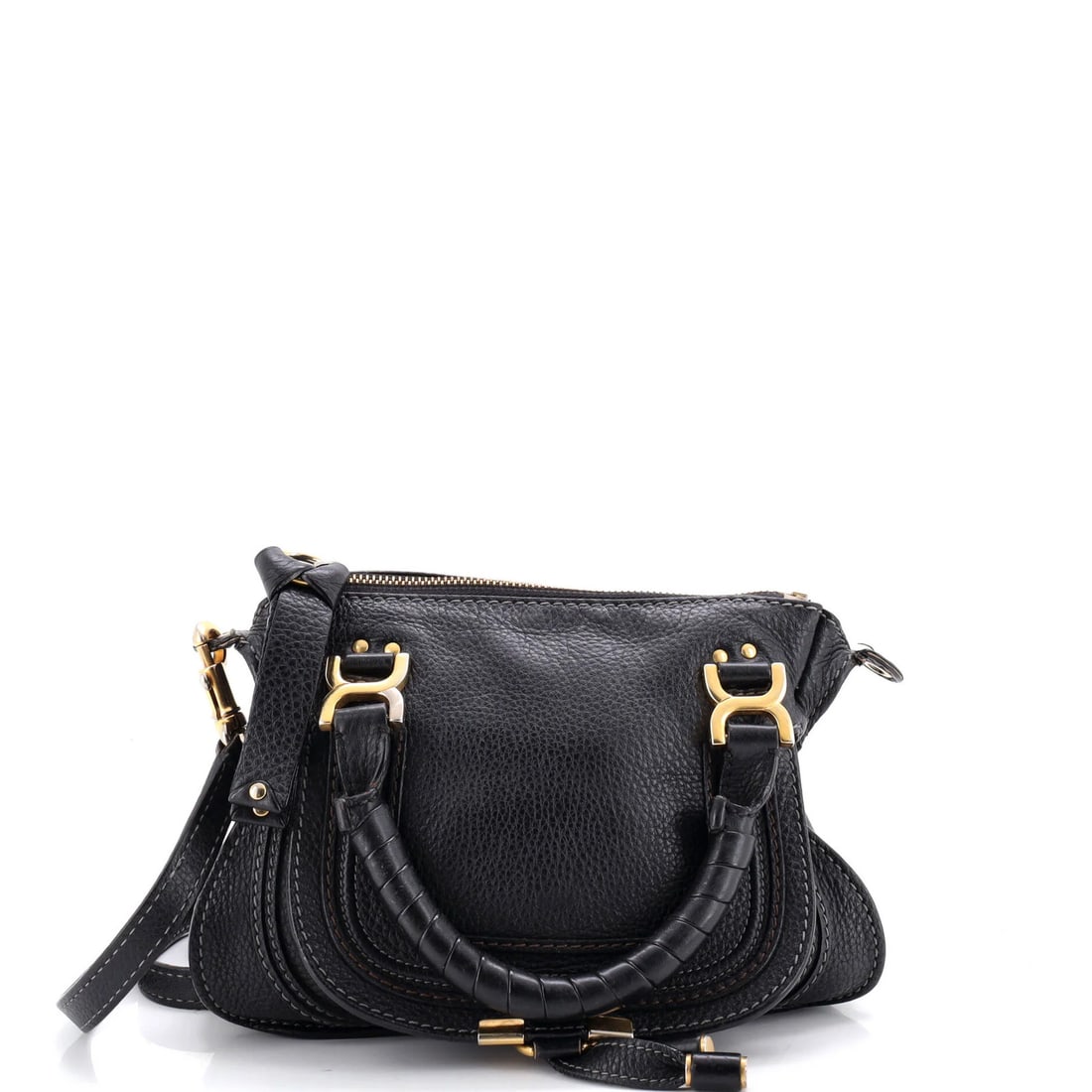 Marcie Chloe Satchel Leather Baby: Marcie Chloe Satchel Leather Baby The Marcie Chloe Satchel Leather Baby is a black leather cross body bag with a green interior and gold hardware. Measuring 6.5" tall, 9.5" wide, and 3" deep, this bab