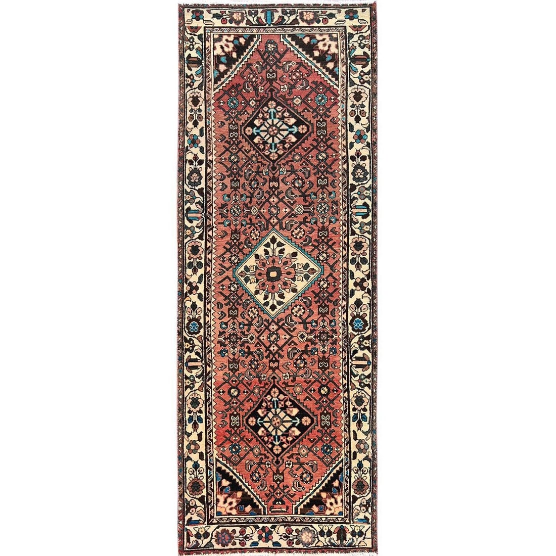 VINTAGE ZOROASTRIAN KHAMADAN RUG: VINTAGE ZOROASTRIAN KHAMADAN RUG This stunning vintage Zoroastrian khamadan rug boasts an intricate medallion pattern in rich reds and blues, set against a warm ivory border. Hand-knotted from high-qu