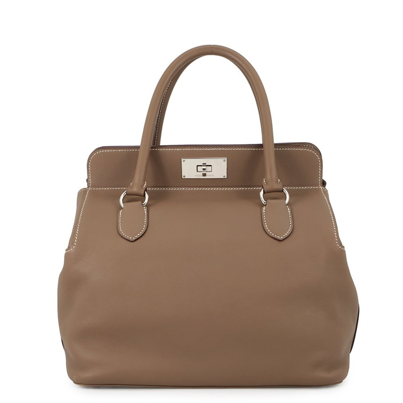 Hermes Handbag Swift Leather: Hermes Handbag Swift Leather Swift Leather handbag from Hermes in Etoupe Gray, featuring silver hardware and a sleek design. This used bag shows some minor signs of wear, including scratches and dirt,