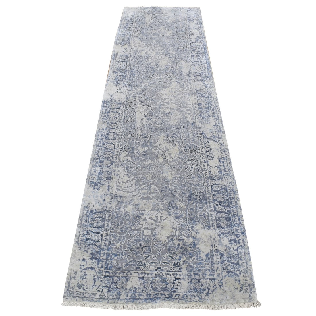 Hand knotted pure silk gray zoroastrian design runner rug (1 of 7)