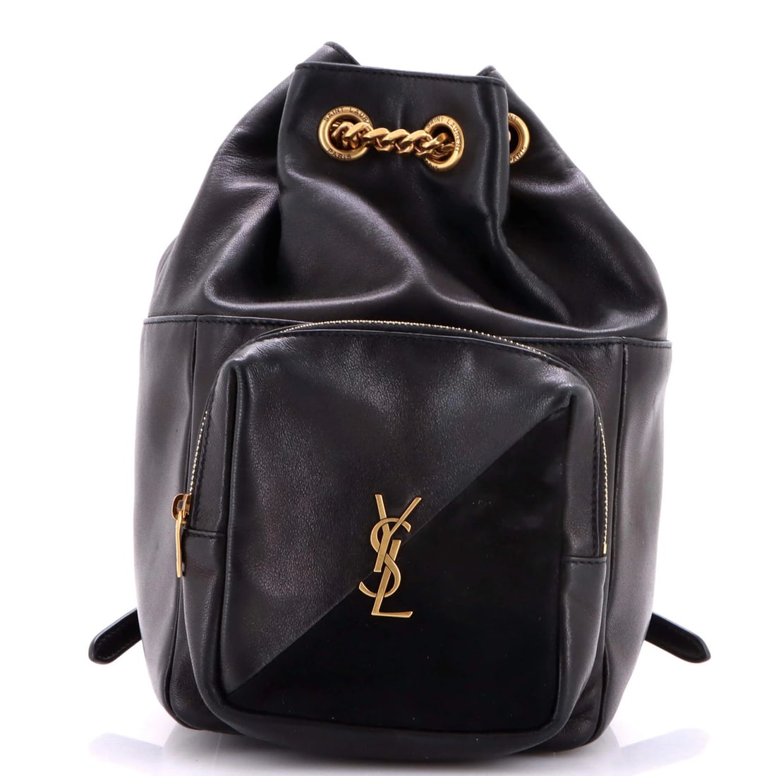 Saint Laurent Leather Suede Backpack: Saint Laurent Leather Suede Backpack The Saint Laurent Leather Suede Backpack boasts a sleek black exterior with minor balding on front pocket suede trims and creases. Its aged gold hardware adds a to