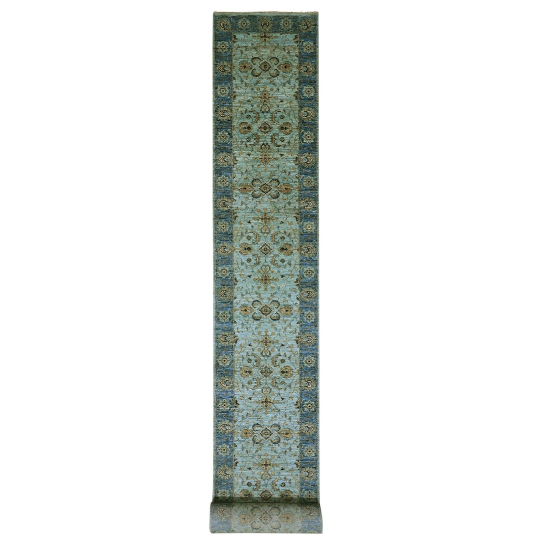 Strict Rules Blue Wool Floral Design Hand Knotted XL Runner Rug: Strict Rules Blue Wool Floral Design Hand Knotted XL Runner Rug Strictly hand-knotted in wool, this stunning blue floral design runner rug boasts an intricate oriental pattern and a rich, vibrant colo