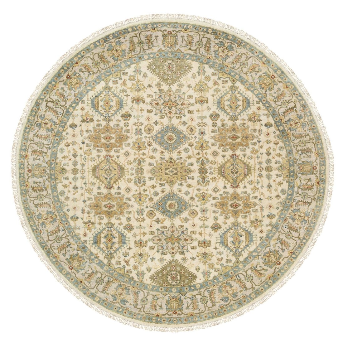 Hand knotted ivory round rug karjihooz design wool 810x810: Hand knotted ivory round rug karjihooz design wool 810x810 100% wool ivory round rug with karjihooz design. Measuring 106 inches in length and width, this hand-knotted piece showcases its intricate pa