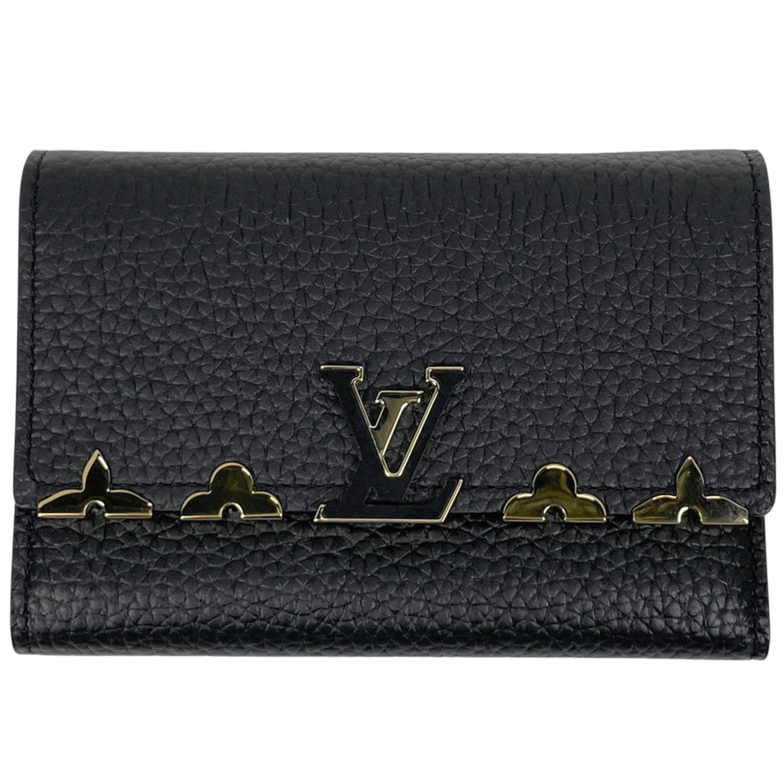 Louis Vuitton Wallet (Tri-Fold): Louis Vuitton Wallet (Tri-Fold) The Louis Vuitton Tri-Fold Wallet is a timeless accessory with its classic design and sleek black finish. Measuring 9.5cm x 13.5cm x 2cm, this used wallet features a fe
