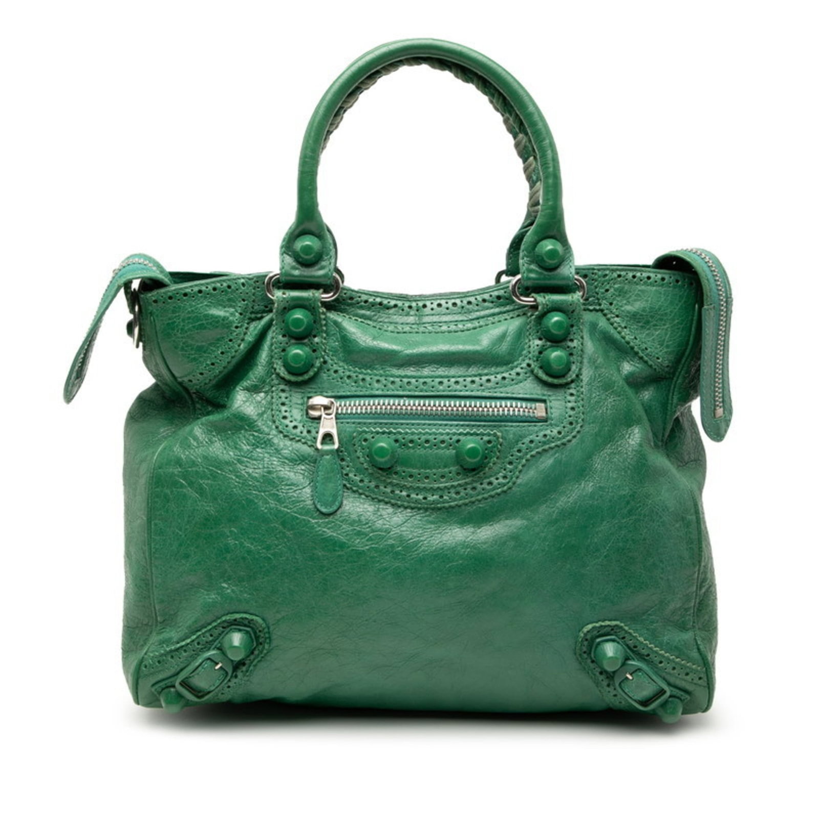 Balenciaga Handbag Leather: Balenciaga Handbag Leather Balenciaga Handbag Leather for sale. This green leather handbag features a size of 26cm x 32.5cm x 15cm and has been used, with traces of usage visible. The bag shows