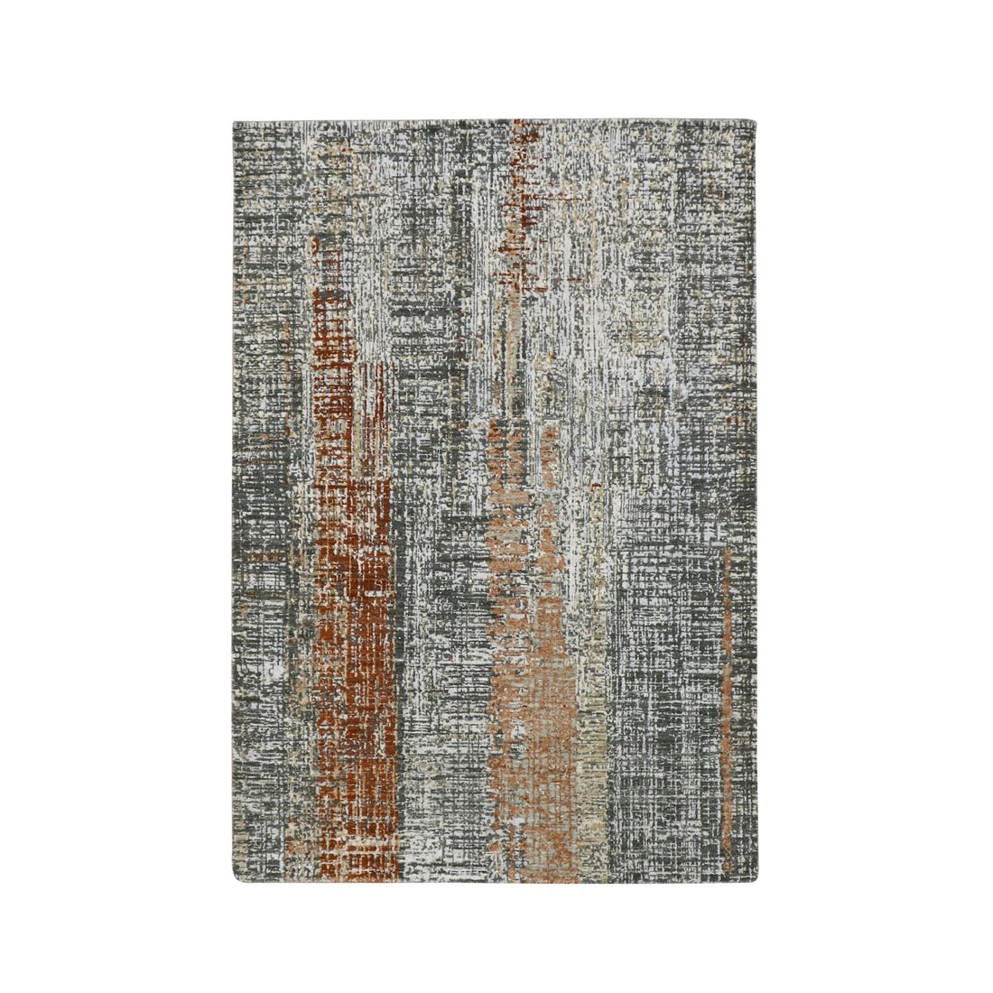 Gray Rust Hand Knotted All Wool Galaxy Design Rug 413: Gray Rust Hand Knotted All Wool Galaxy Design Rug 413 Hand-knotted in wool, this abstract galaxy design rug features a striking gray field with subtle rust accents, creating a unique and eye-catching