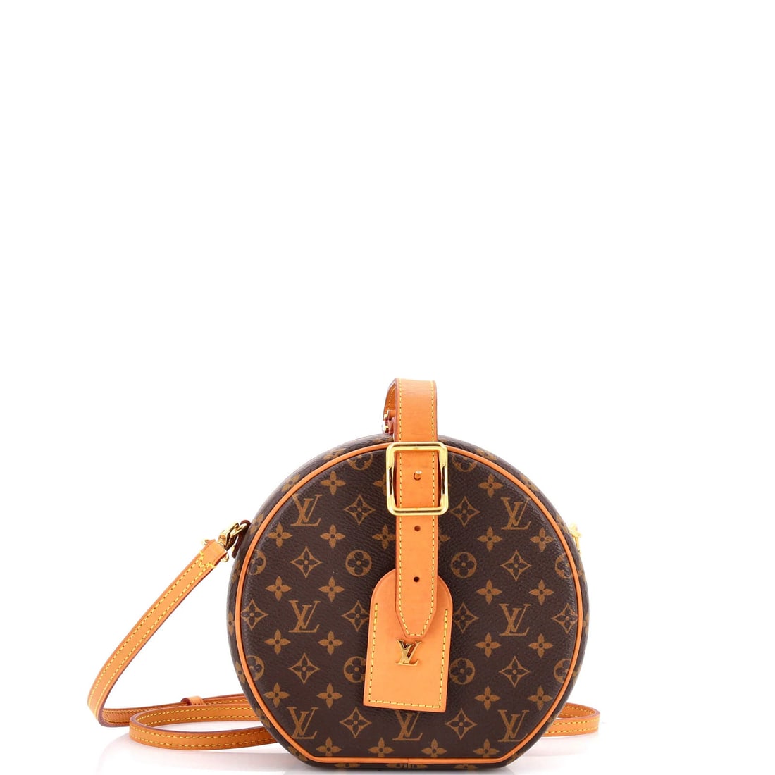 Petite monogram canvas bag by Louis Vuitton: Petite monogram canvas bag by Louis Vuitton The Louis Vuitton Petite Boite Chapeau Bag boasts a classic cross body design with a timeless brown canvas exterior and gold hardware. Measuring 6" tall, 7"