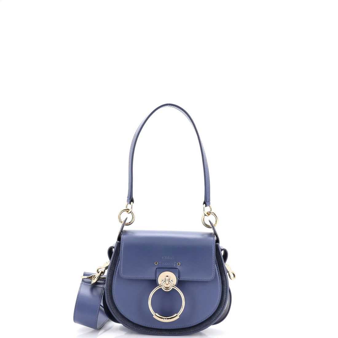 Small leather bag by Chloe Tess: Small leather bag by Chloe Tess Small leather bag with suede exterior in blue. Features an extra strap and gold tone hardware, measuring 8.5" handle drop, 6.5" height, 8" width, and 3.5" depth. In
