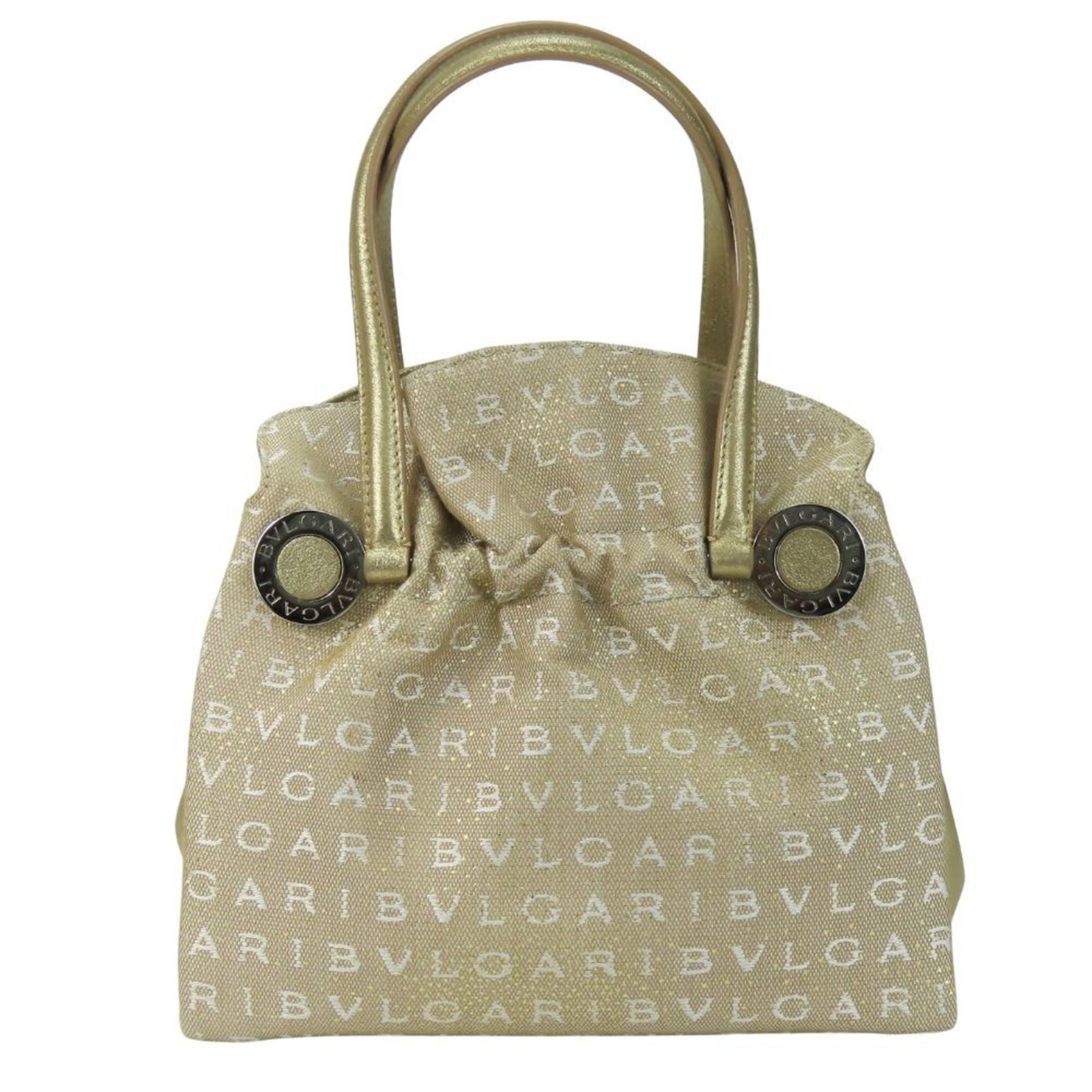 Bvlgari Handbag Canvas Leather: Bvlgari Handbag Canvas Leather Canvas and leather blend in this elegant Bvlgari handbag, boasting a classic beige and white color scheme with gold hardware. The bag's sturdy design and comfortable siz