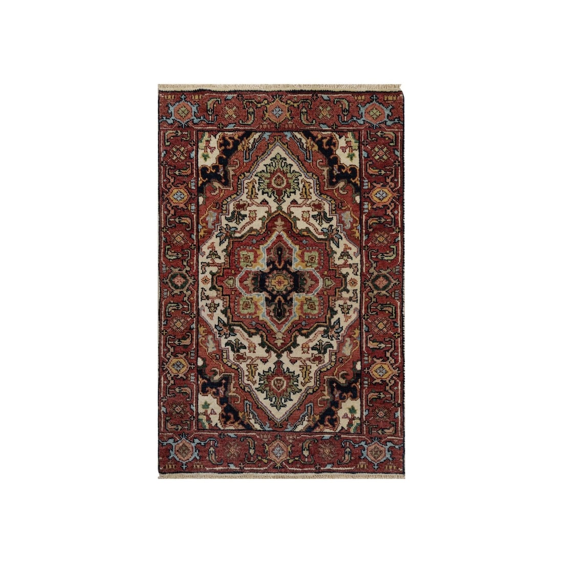 Ivory Antiqued Heris Re Creation Hand Knot Rug Mat Sample Wool 2 x 3 Feet (1 of 8)