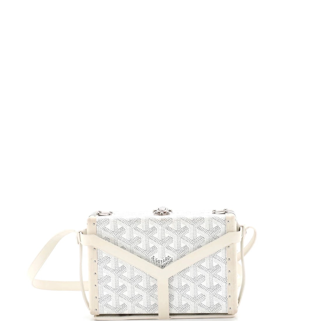 Minaudiere Bag Coated Canvas by Goyard: Minaudiere Bag Coated Canvas by Goyard The Minaudiere Bag Coated Canvas by Goyard boasts a striking white exterior with canvas coating and leather interior in vibrant yellow. This classic clutch featu