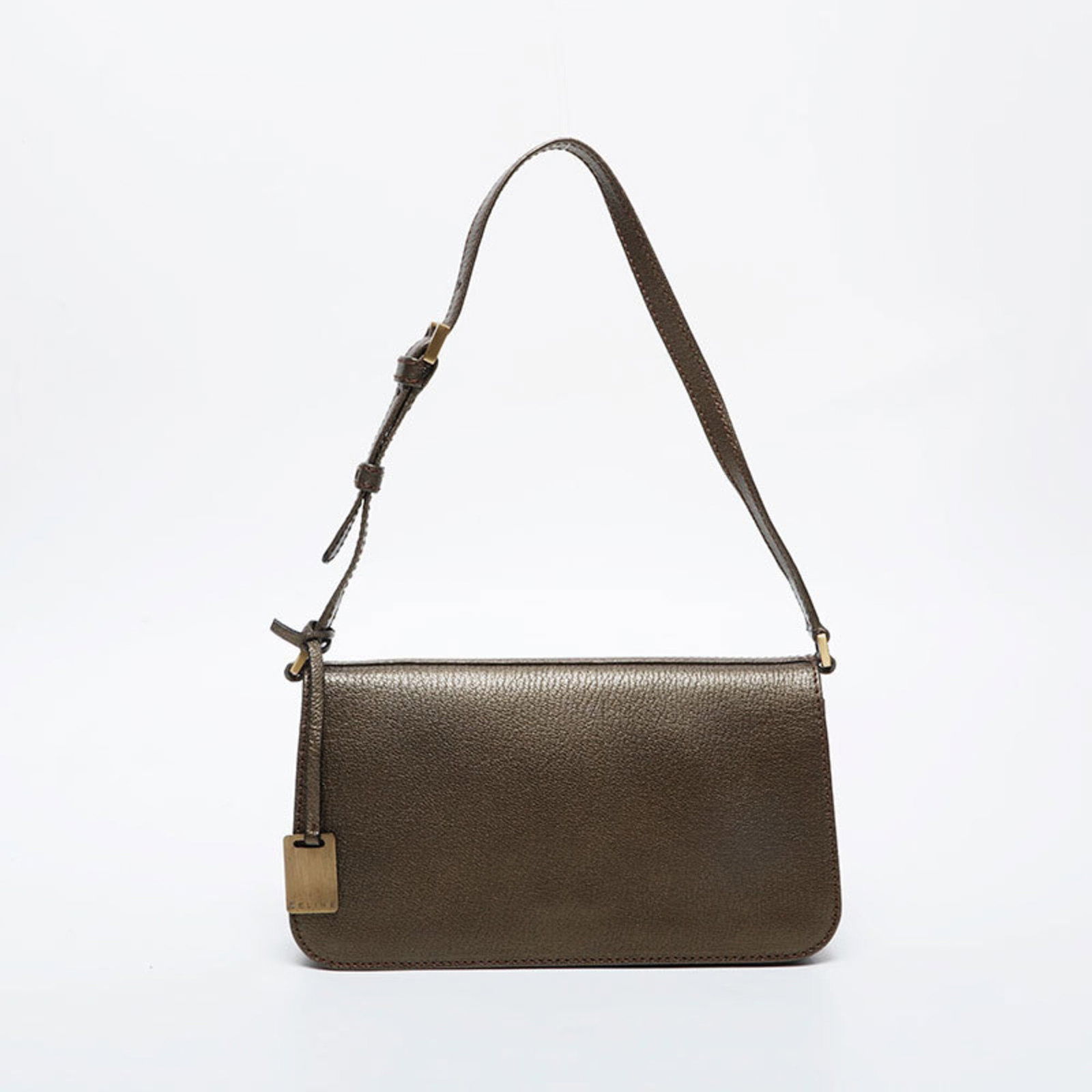 Celine Shoulder Bag: Celine Shoulder Bag Gold Celine Shoulder Bag with Distressed Finish. This pre-owned shoulder bag boasts its original gold color and features a few traces of usage, including some scratches and dirt. D