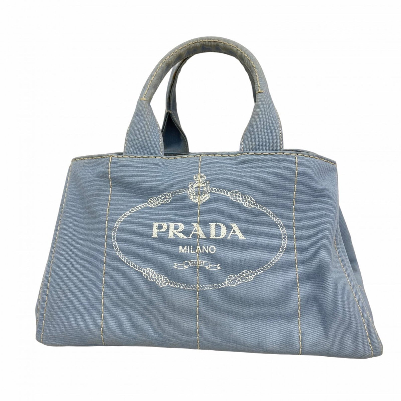Prada Tote Bag Canvas: Prada Tote Bag Canvas Canvas Prada Tote Bag in Blue with Gold Hardware. This used tote bag features a canvas material and gold hardware, showcasing a classic design. With its blue color and 24cm x 40c