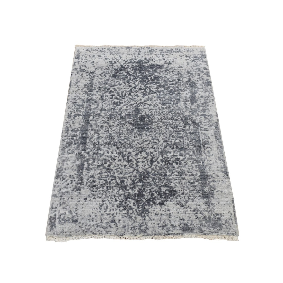Hand knotted rug wool silk gray erased zoroastrian design 310.: Hand knotted rug wool silk gray erased zoroastrian design 310. Hand-knotted wool and silk rug in a striking Zoroastrian design, featuring a rich gray color. This rectangular field rug measures 58" x 3