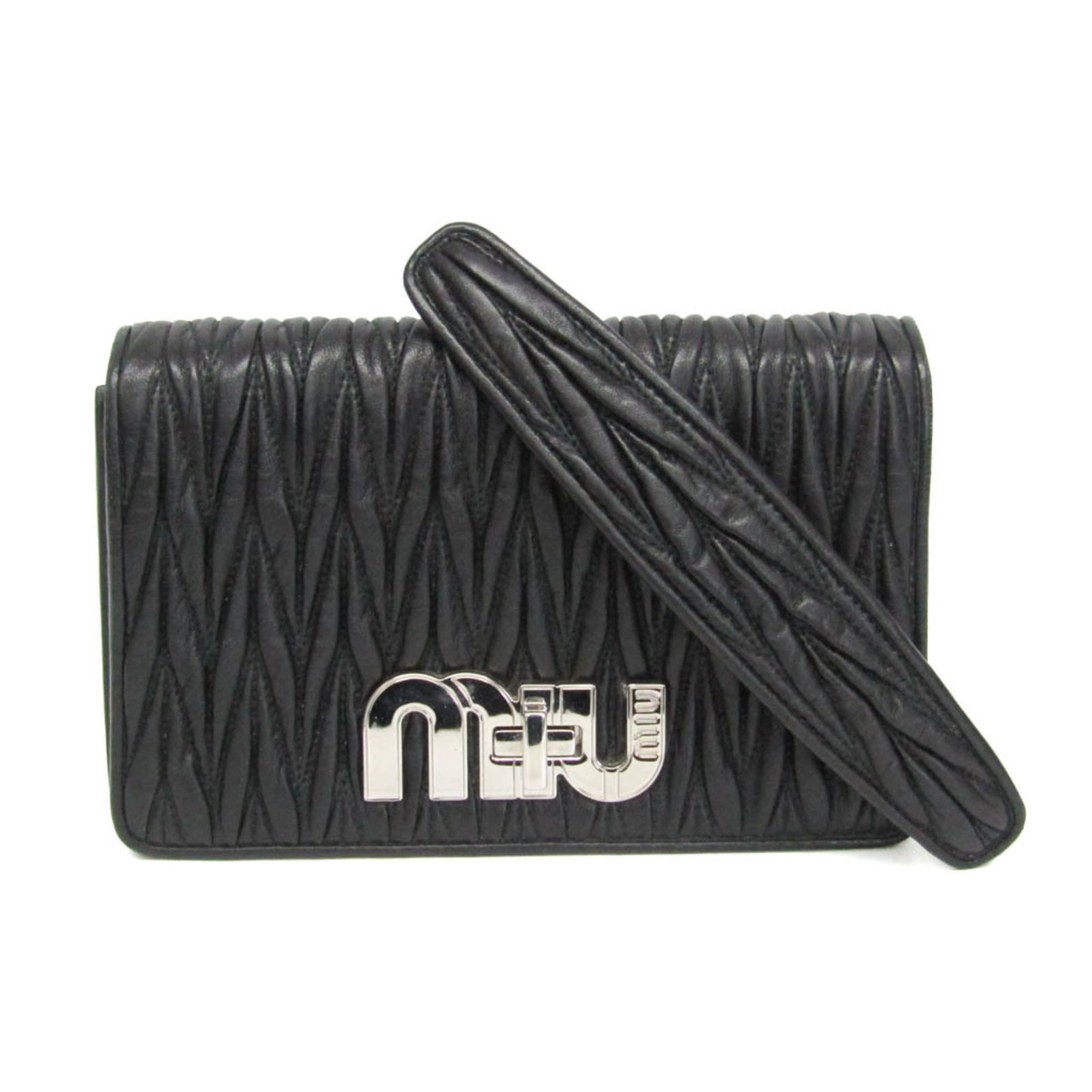 Miu Miu Clutch Bag Shoulder Bag Leather: Miu Miu Clutch Bag Shoulder Bag Leather Miu Miu's sleek black leather shoulder bag boasts a chic design with a turn lock closure and open pocket for storing essentials. The bag features an inner card 