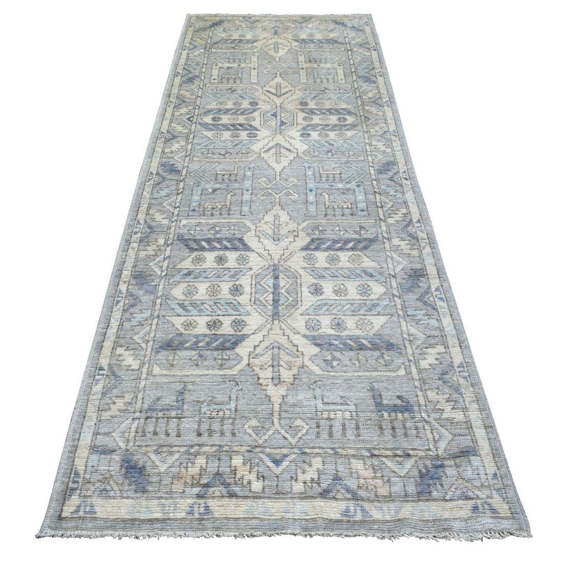 Gray Wool Hand Knotted Anatolian Village Inspired 4x10 Runner Rug: Gray Wool Hand Knotted Anatolian Village Inspired 4x10 Runner Rug The Gray Wool Hand Knotted Anatolian Village Inspired Runner Rug boasts a stunning grey field with intricate brown and ivory accents, 