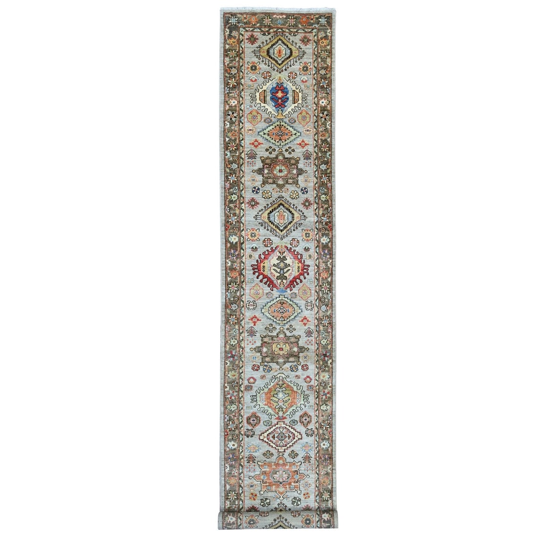 Soft wool hand knotted gray peshawar runner karjihooz design 2'8"x15'8".: Soft wool hand knotted gray peshawar runner karjihooz design 2'8"x15'8". Soft and luxurious, this hand-knotted gray Peshawar runner features an intricate Medallion regional design in a classic Orienta